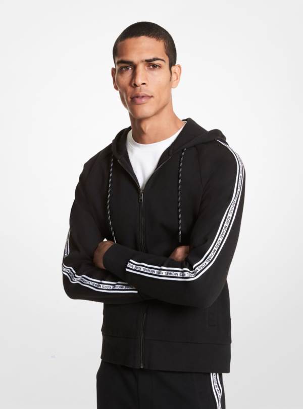 Panske Mikiny S Kapucňou Michael Kors Logo Tape Cotton Blend Zip-Up Čierne - Oblecenie Michael Kors Akcia | XIVRW-9532